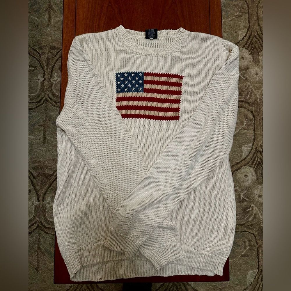 Inspired by Ralph Lauren Flag sweater -Vintage  cotton blend crew neck knit XL